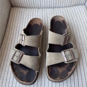 Birkenstock Arizona Taupe Suede Softbed Sandals size 41 regular/wide
